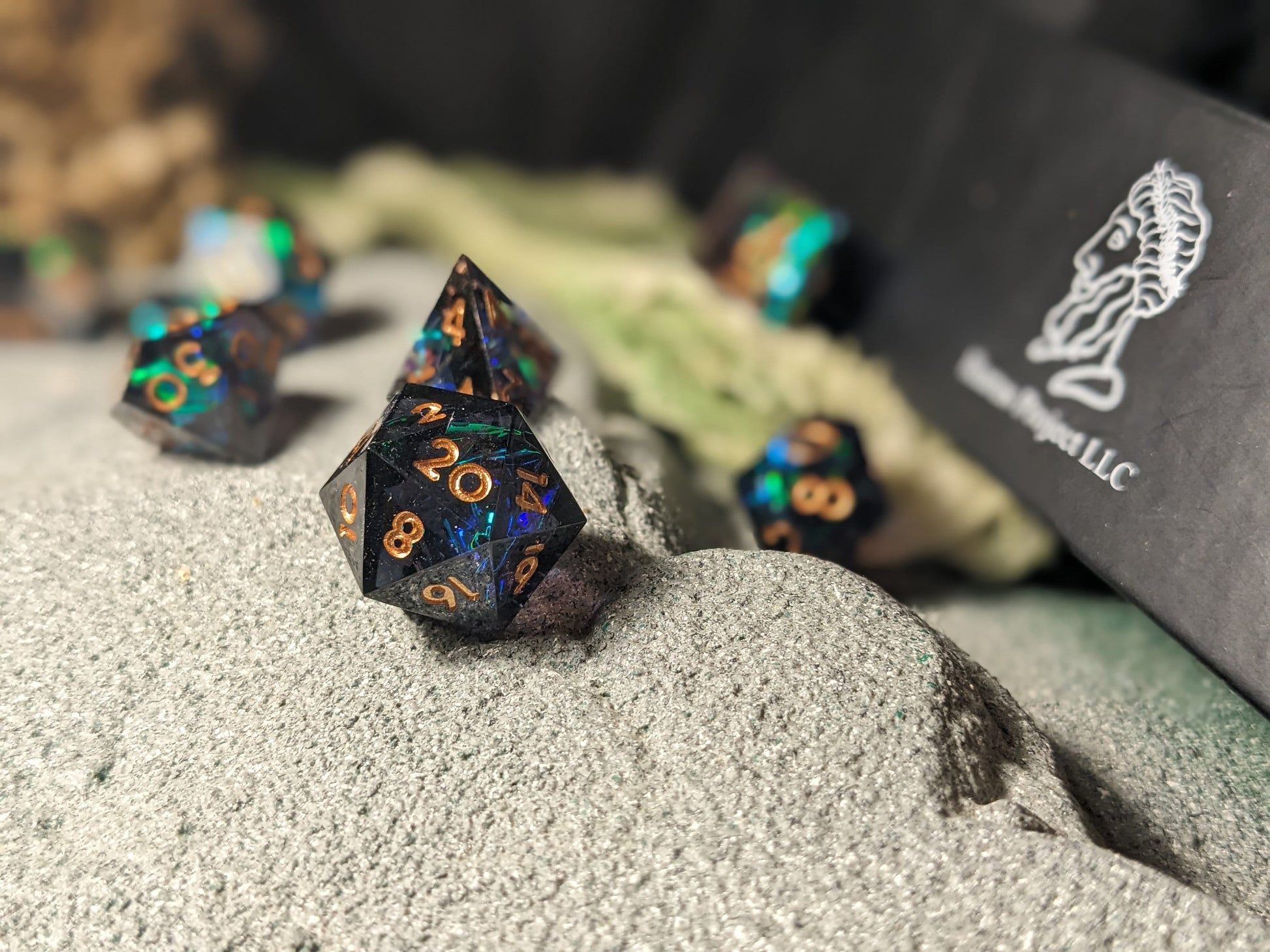 Translucent Dark Blue/Green Sharp Edge DND Dice Set