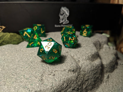 Translucent Galaxy Green Sharp Edge DND Dice Set