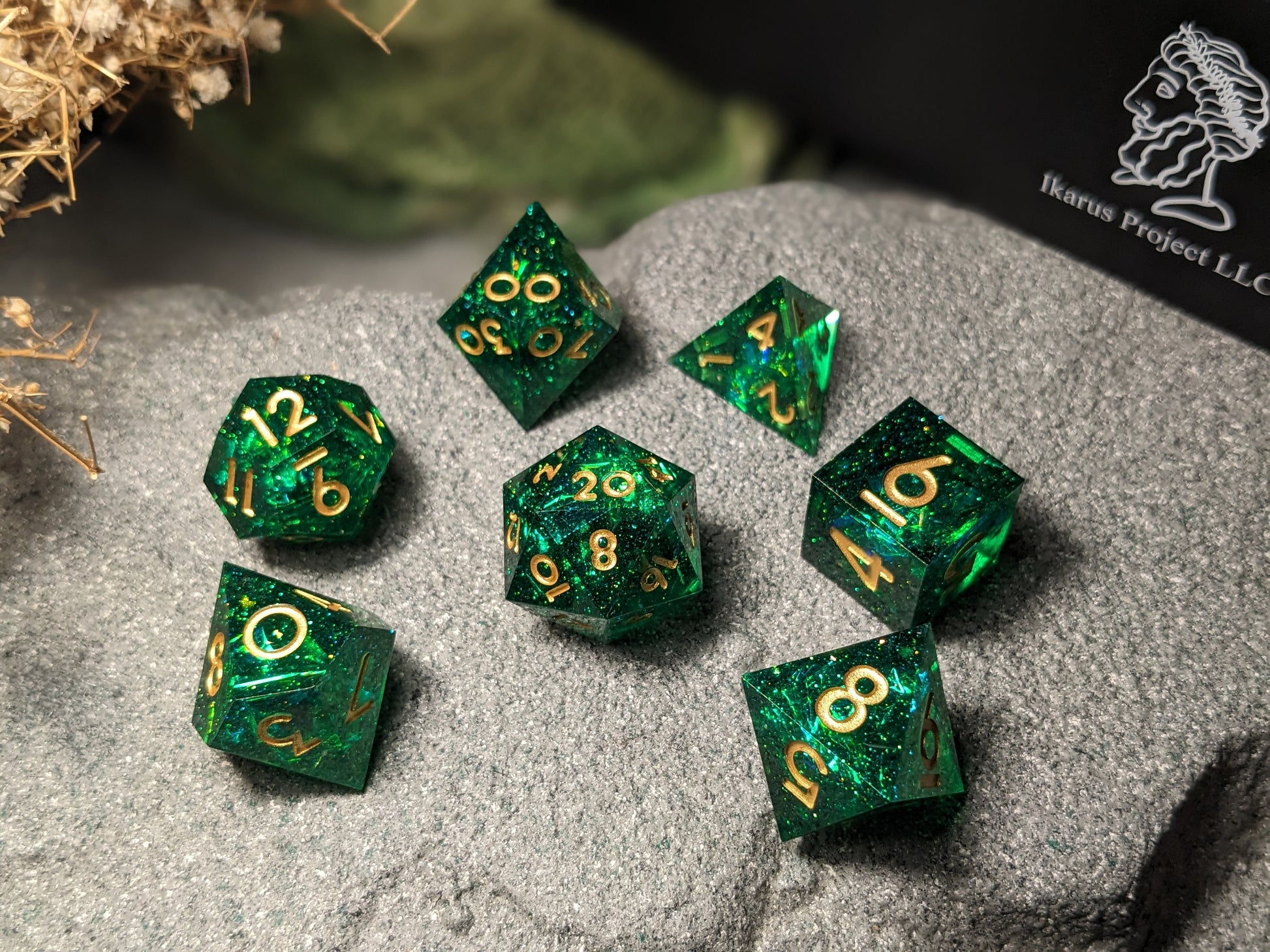 Translucent Galaxy Green Sharp Edge DND Dice Set