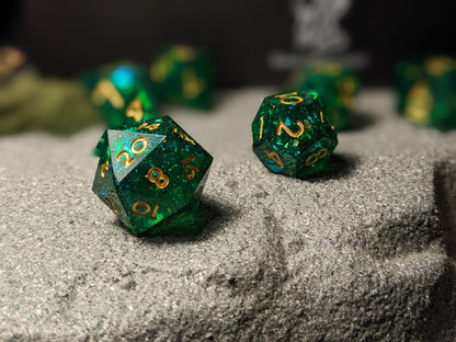 Translucent Galaxy Green Sharp Edge DND Dice Set