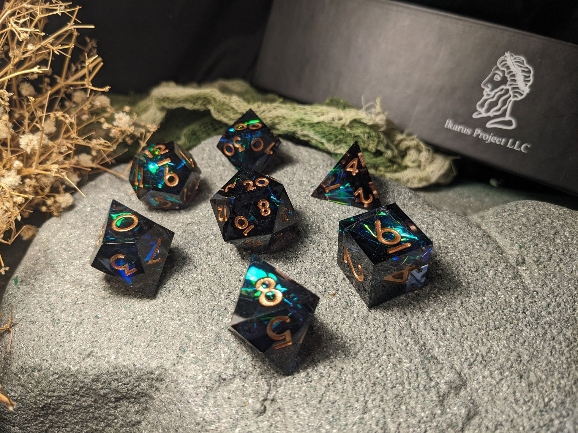 Translucent Dark Blue/Green Sharp Edge DND Dice Set