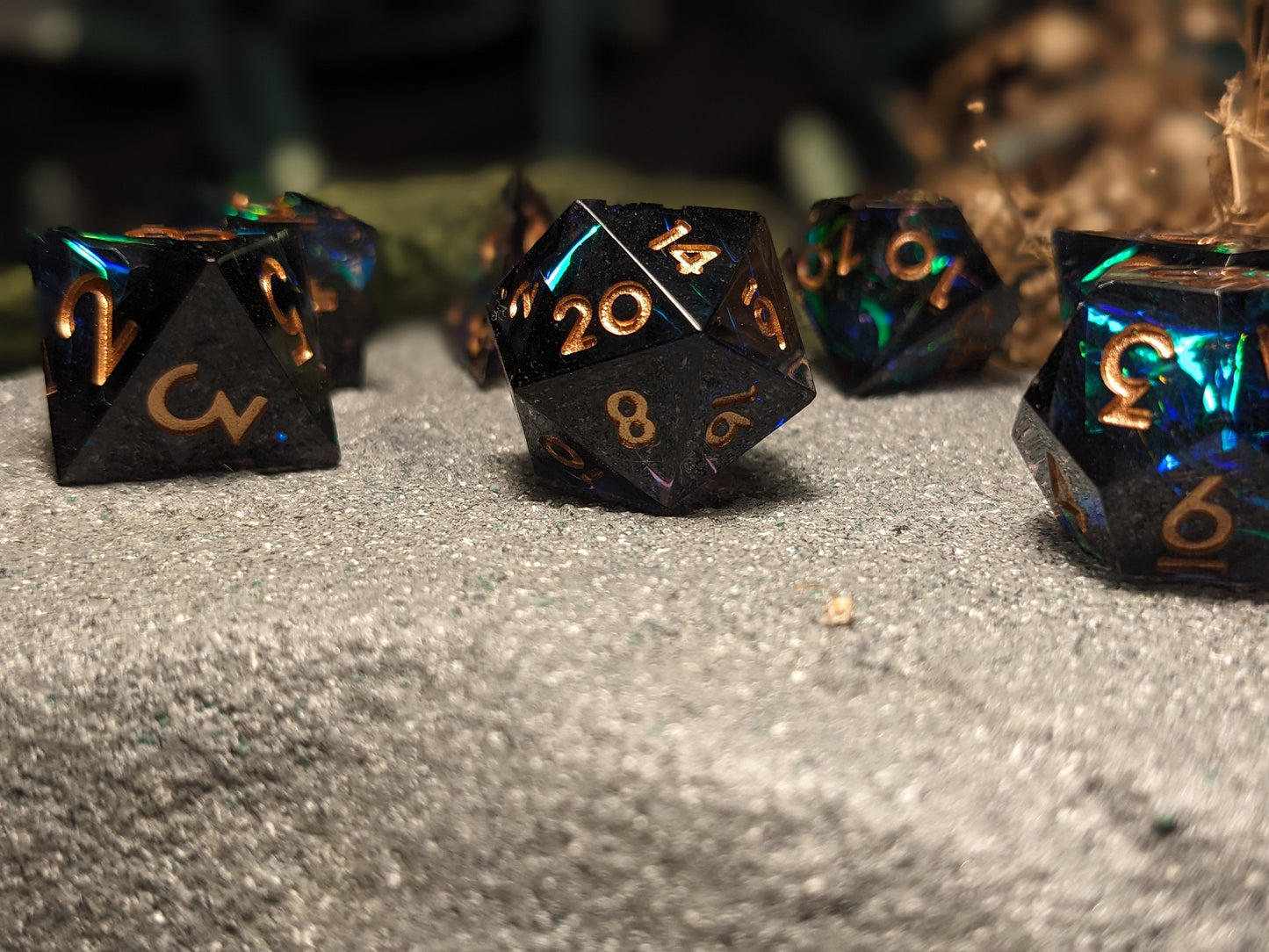 Translucent Dark Blue/Green Sharp Edge DND Dice Set