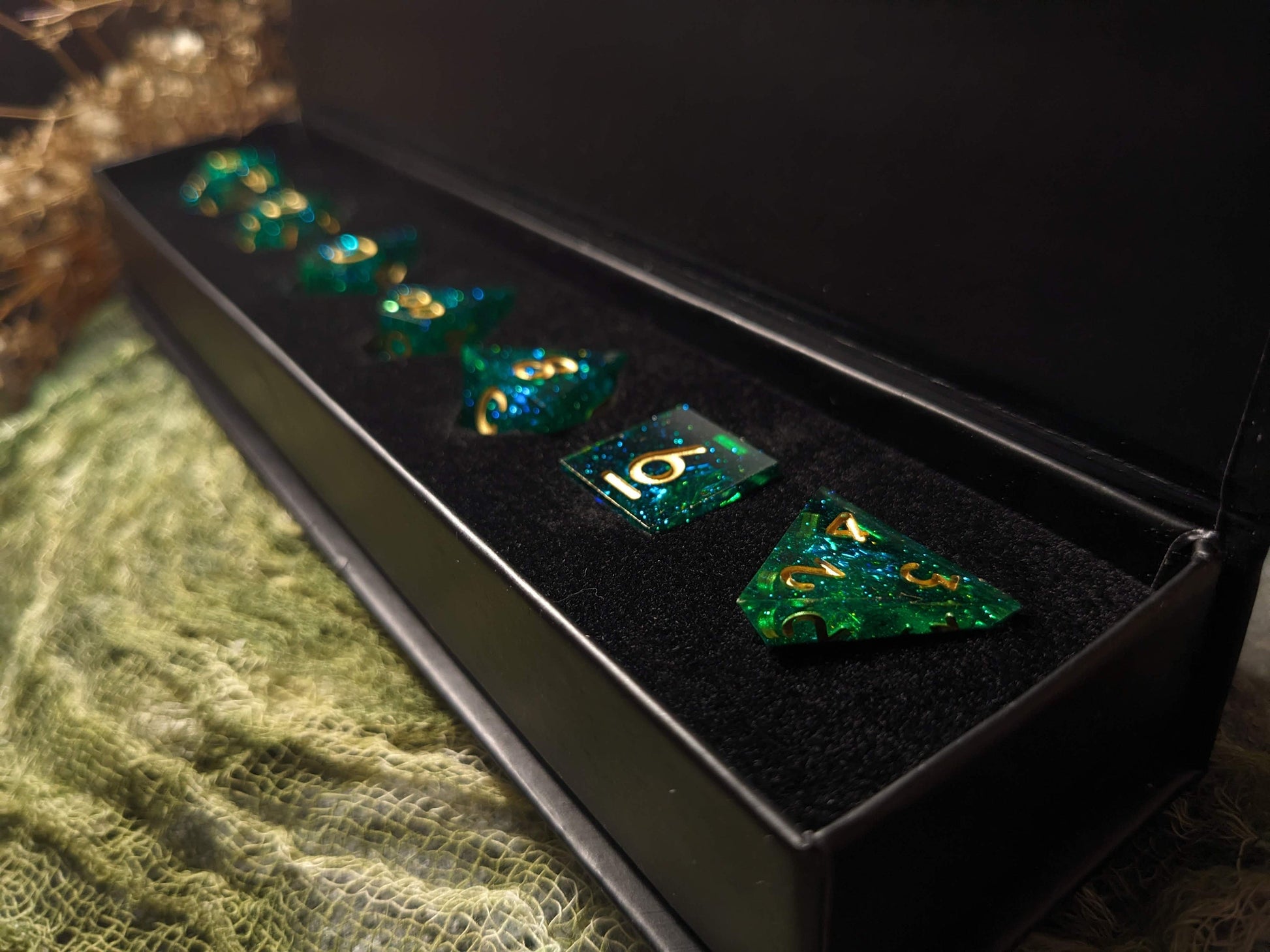 Translucent Galaxy Green Sharp Edge DND Dice Set