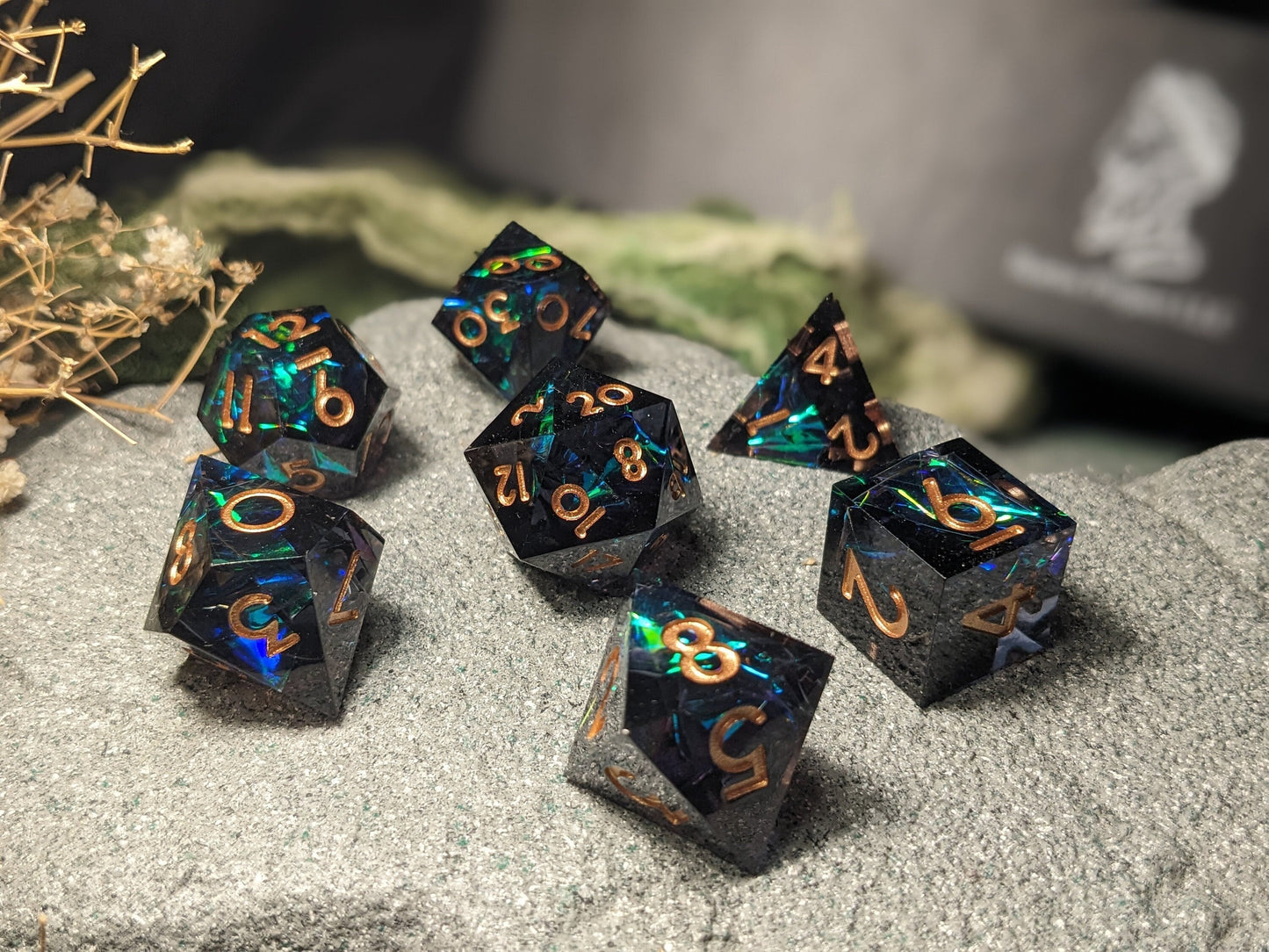 Translucent Dark Blue/Green Sharp Edge DND Dice Set