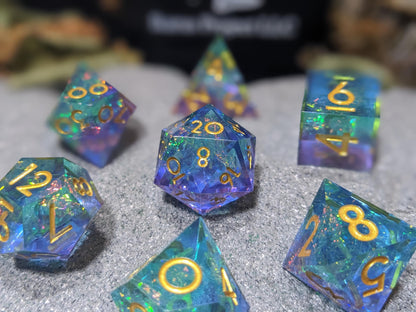 Translucent Galaxy Purple and Teal Sharp Edge D&D Dice Set
