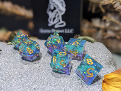 Translucent Galaxy Purple and Teal Sharp Edge D&D Dice Set