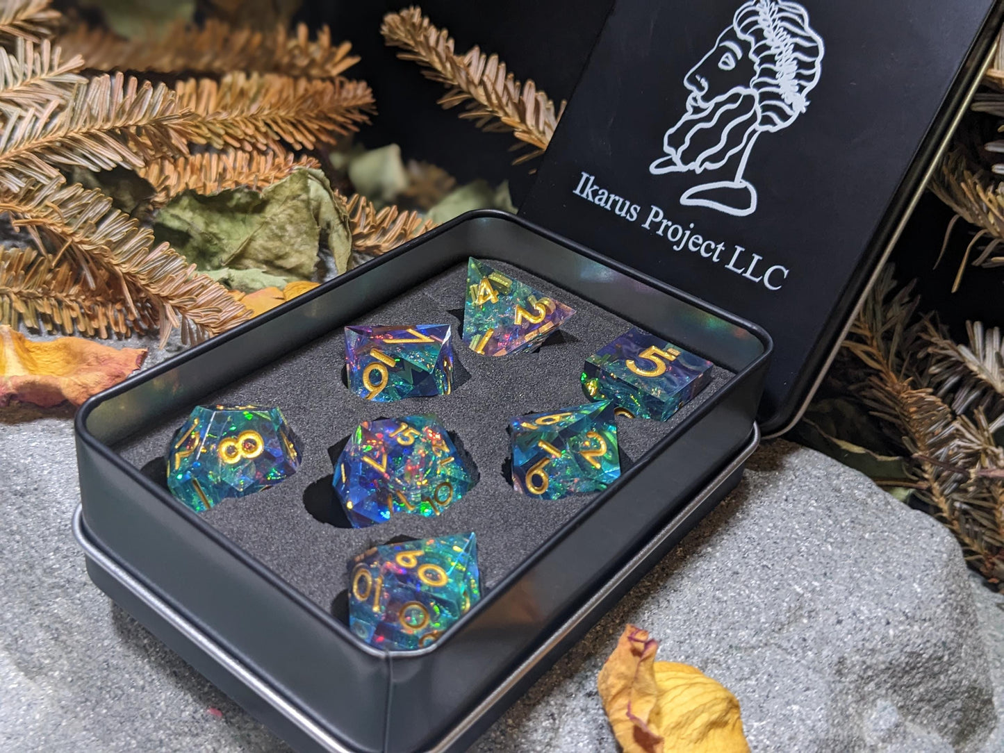 Translucent Galaxy Purple and Teal Sharp Edge D&D Dice Set