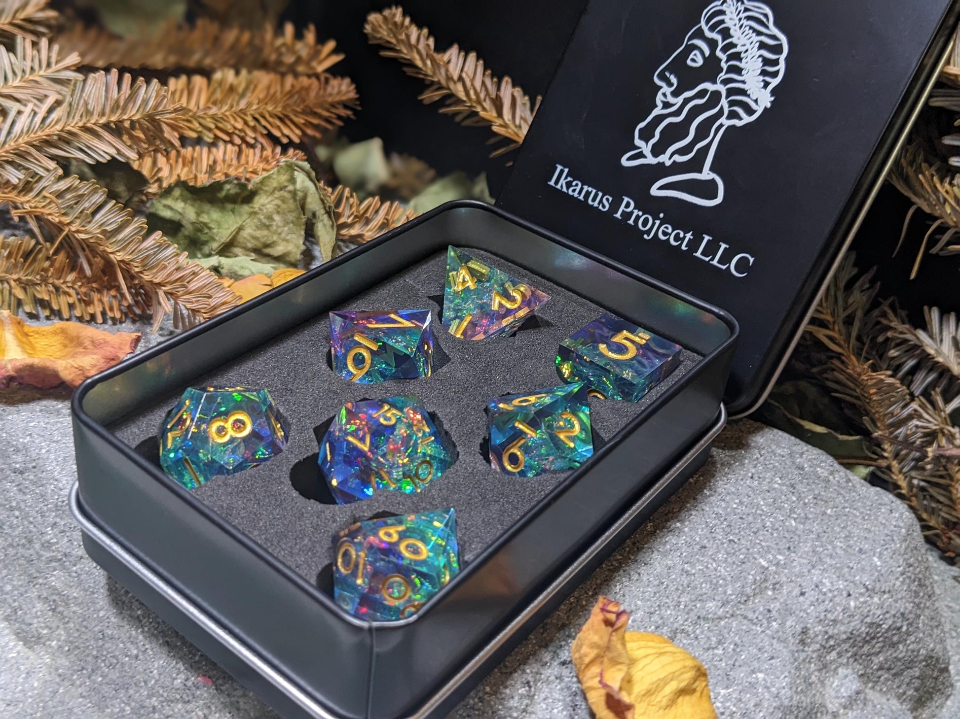 Translucent Galaxy Purple and Teal Sharp Edge D&D Dice Set