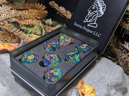 Translucent Galaxy Purple and Teal Sharp Edge D&D Dice Set