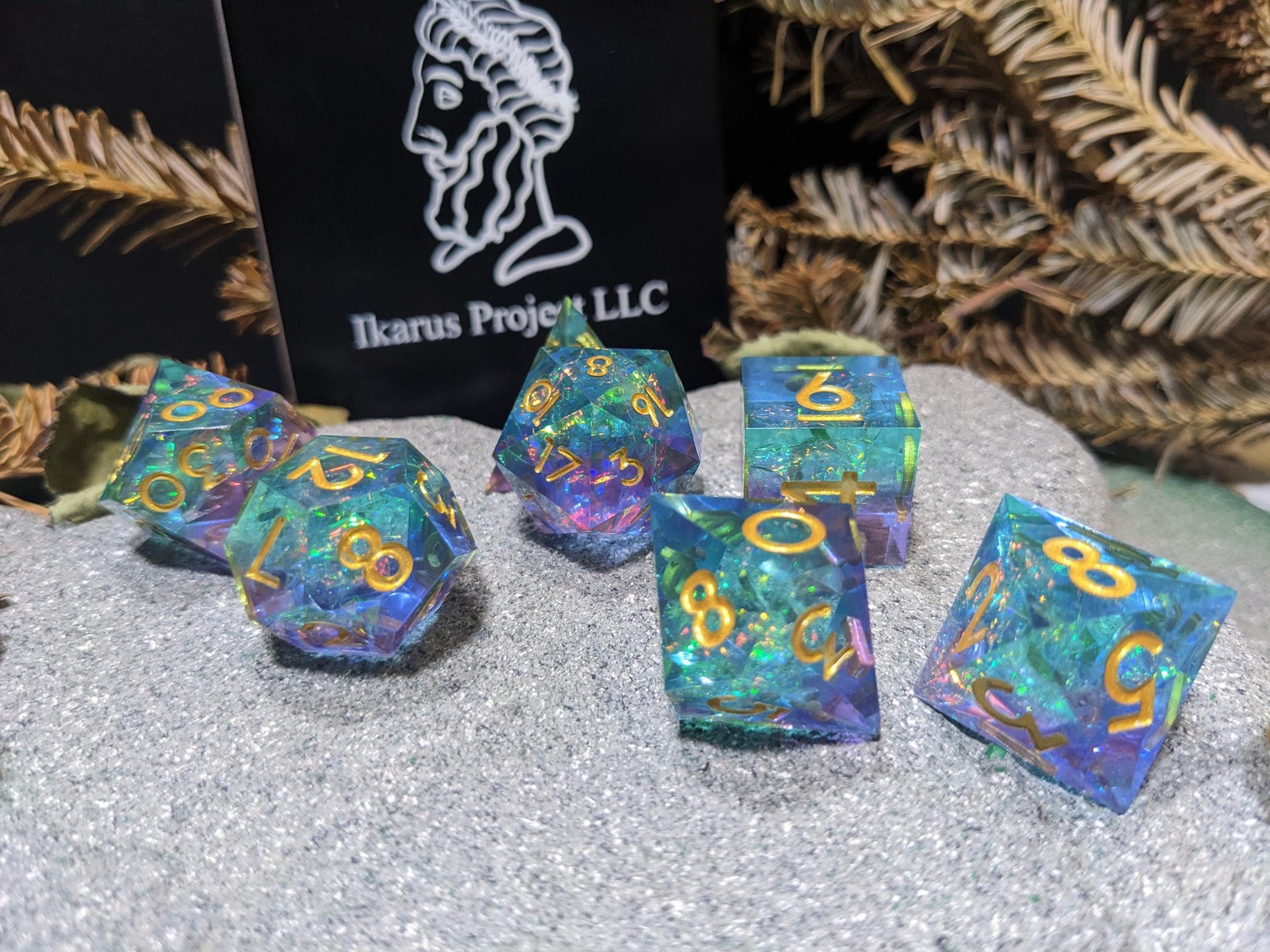Translucent Galaxy Purple and Teal Sharp Edge D&D Dice Set