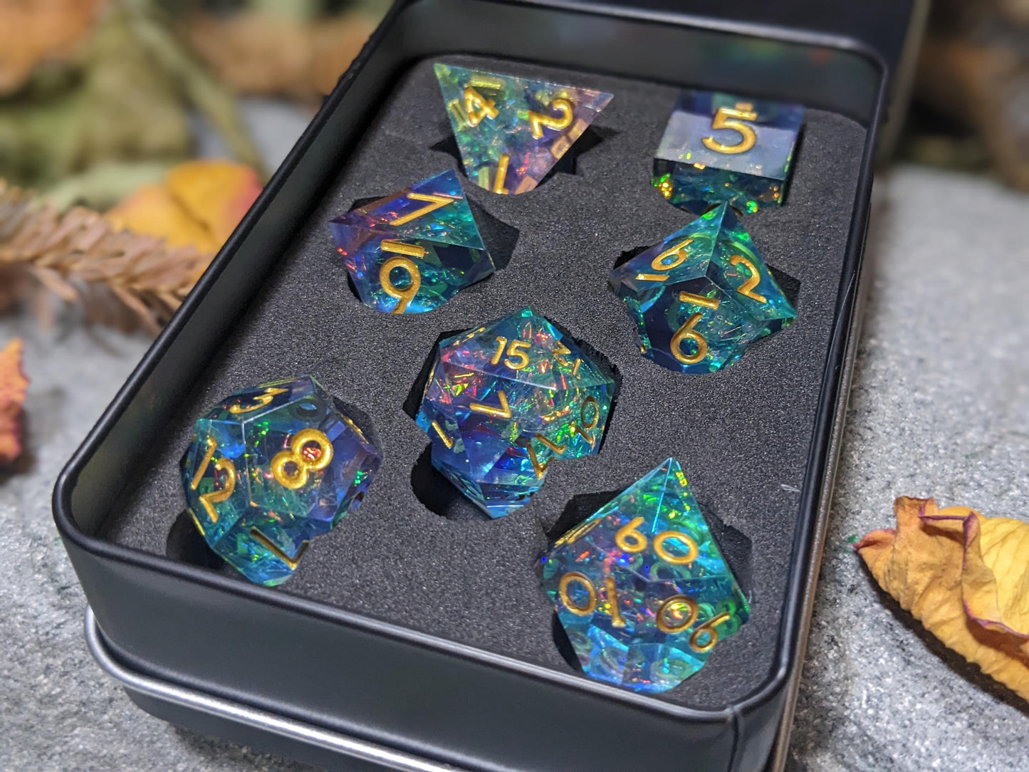 Translucent Galaxy Purple and Teal Sharp Edge D&D Dice Set