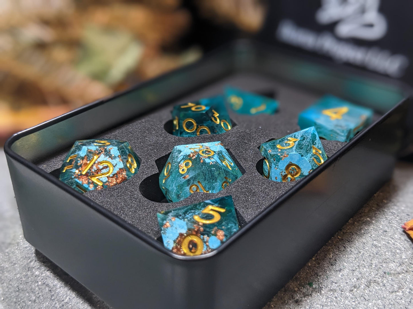 Light Teal Copper Sharp Edge D&D Dice Set