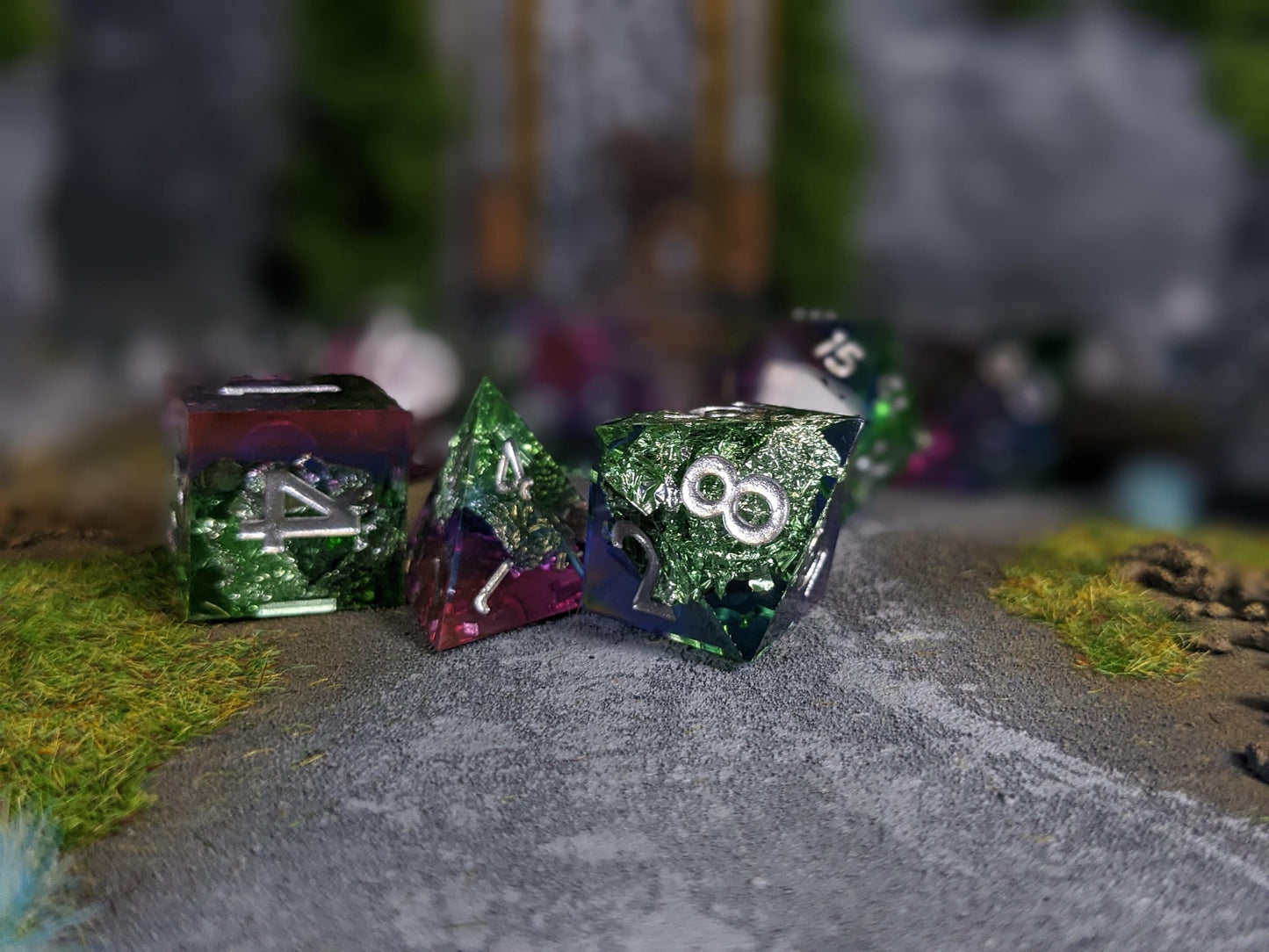 Translucent Purple Teal Sharp Edge D&D Dice Set