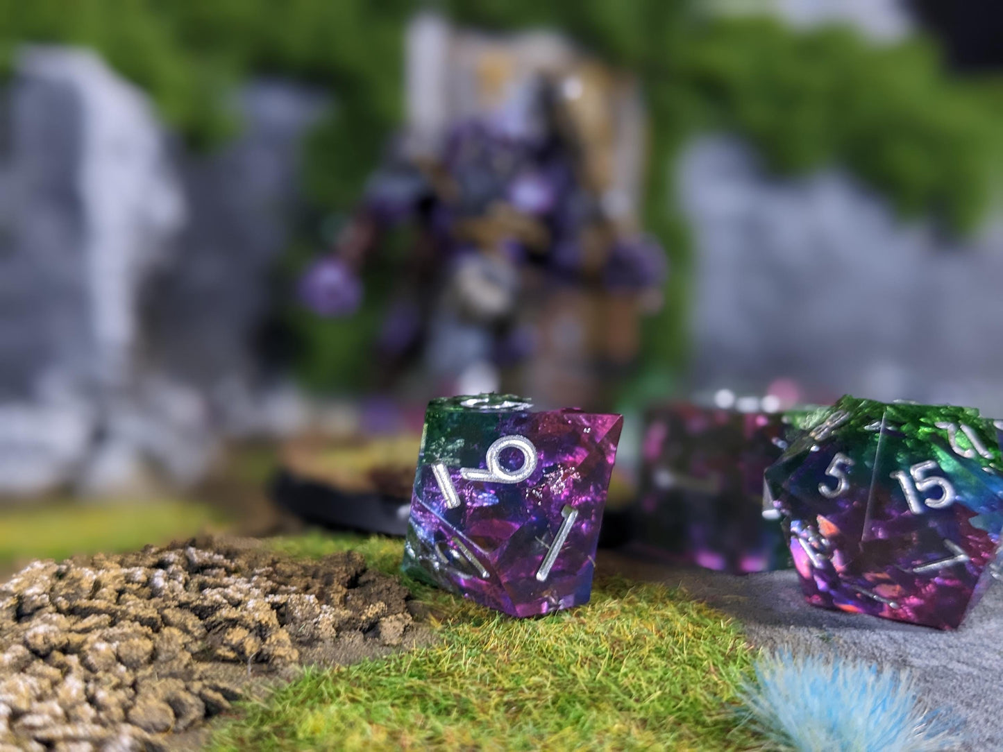 Translucent Purple Teal Sharp Edge D&D Dice Set