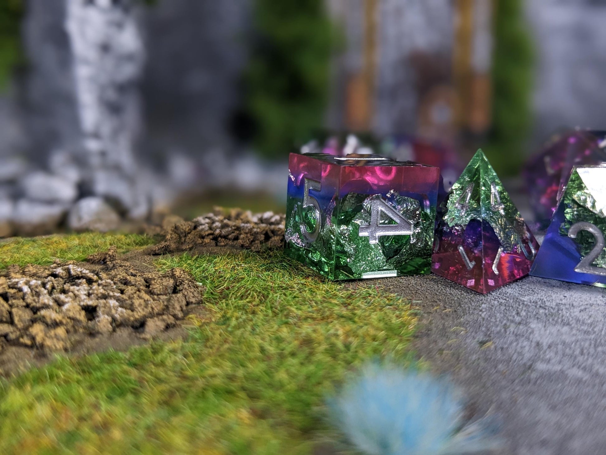 Translucent Purple Teal Sharp Edge D&D Dice Set