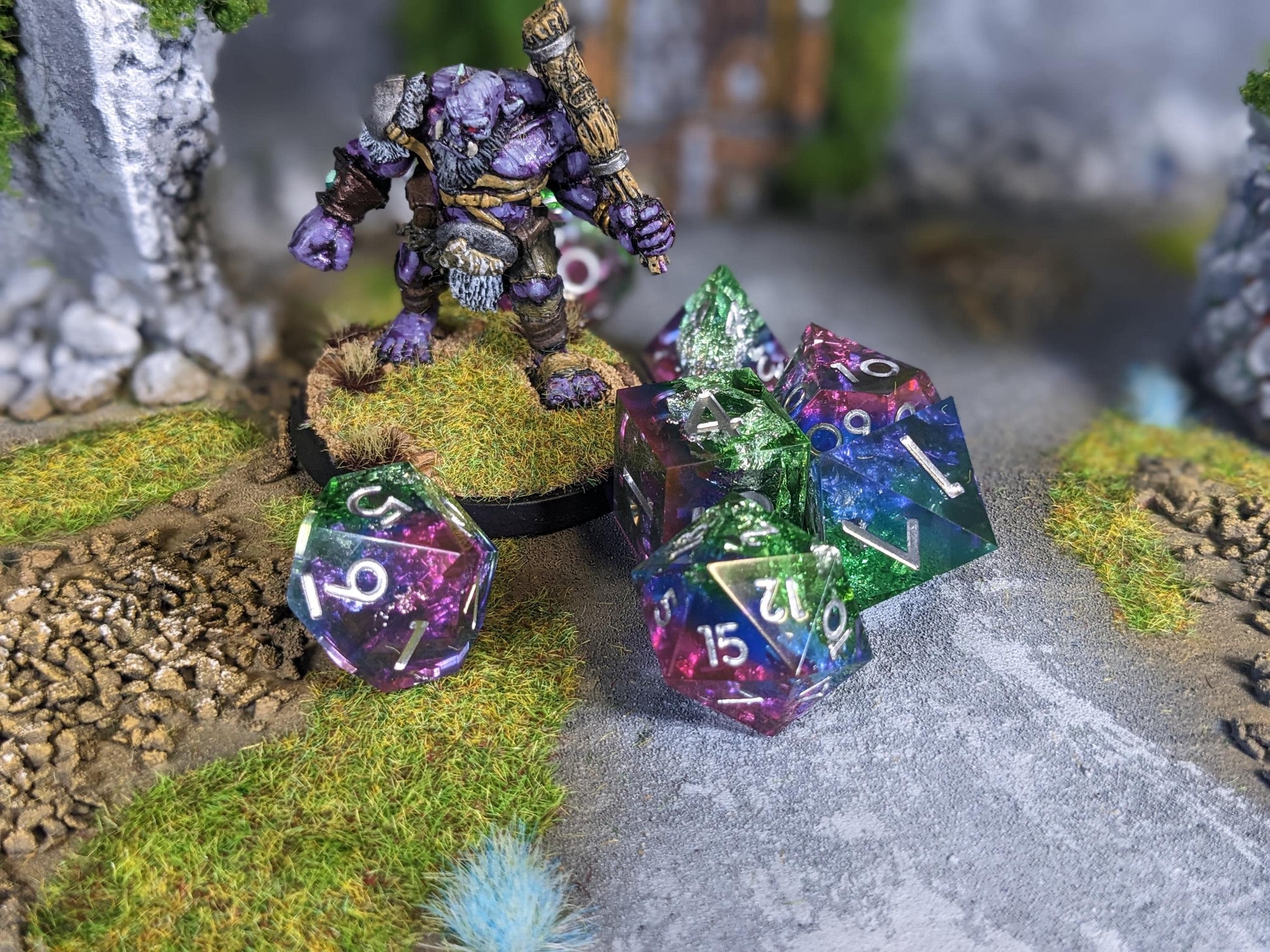 Translucent Purple Teal Sharp Edge D&D Dice Set