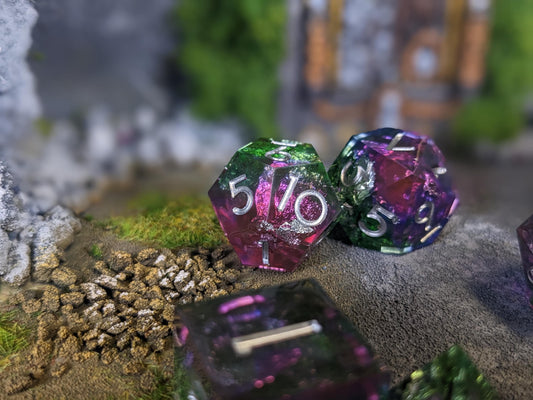 Translucent Purple Teal Sharp Edge D&D Dice Set