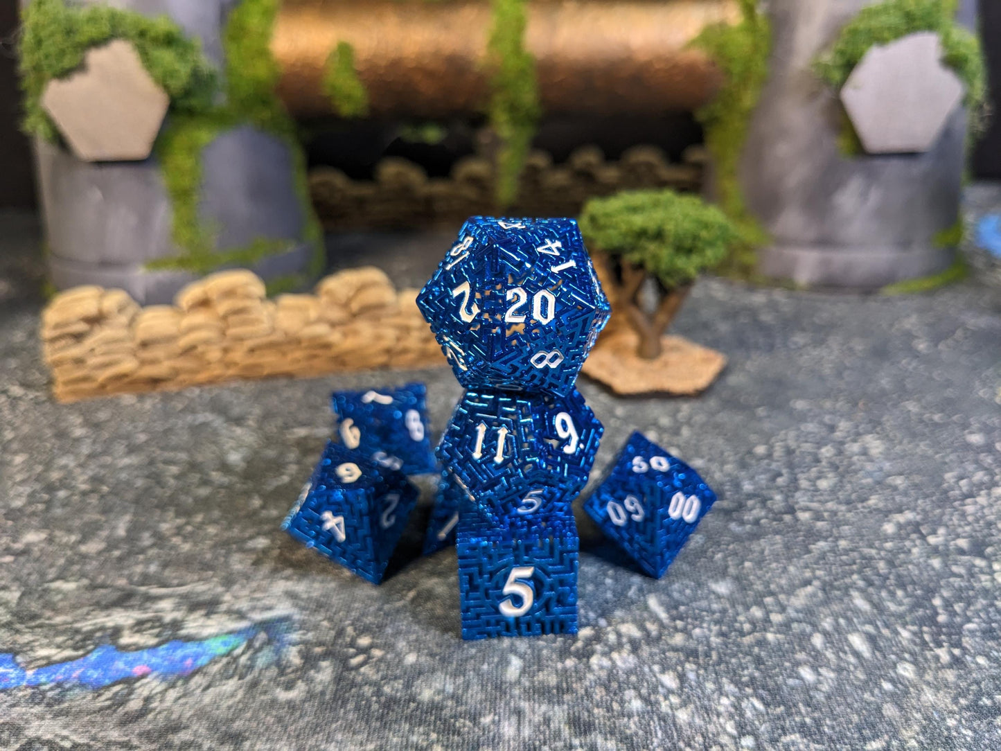 Blue Hollow Maze Metal D&D Dice Set
