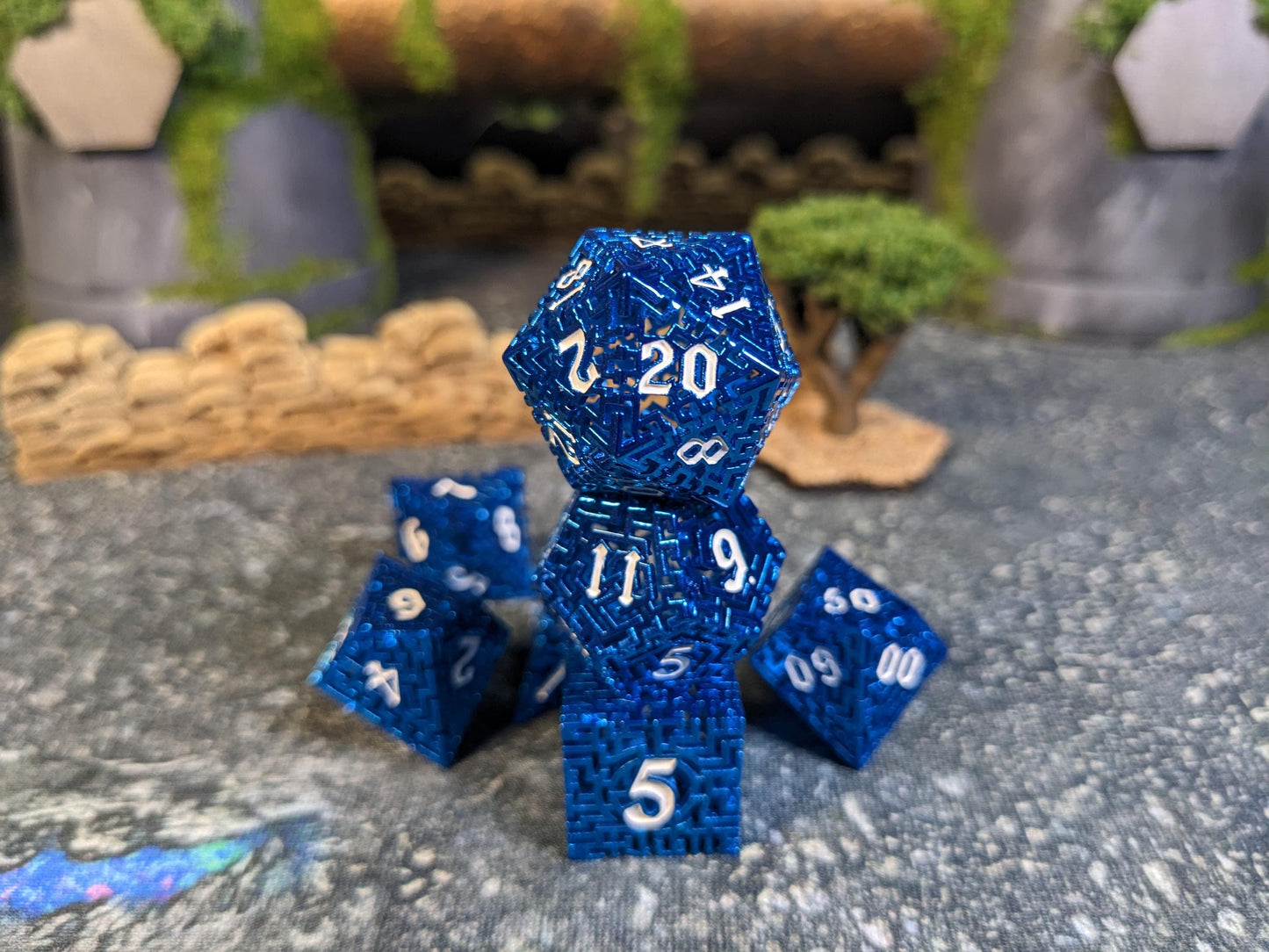 Blue Hollow Maze Metal D&D Dice Set