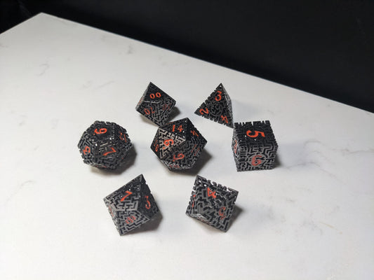 Metal D&D Dice Set - Black and Orange Hollow Maze