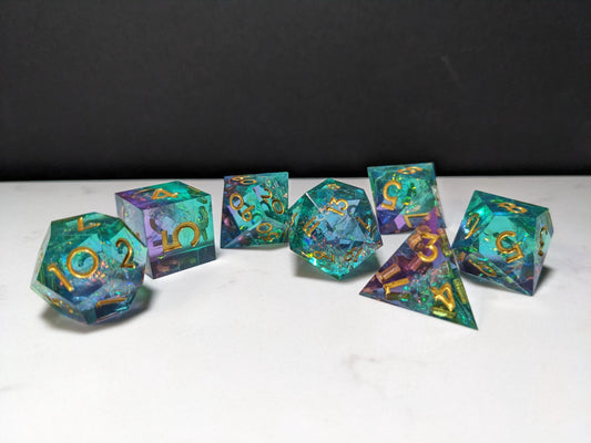 Sharp Edge D&D Dice Set - Translucent Galaxy Purple and Teal