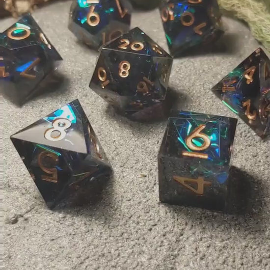 Translucent Dark Blue/Green Sharp Edge DND Dice Set