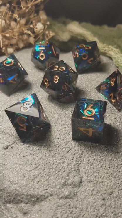 Translucent Dark Blue/Green Sharp Edge DND Dice Set