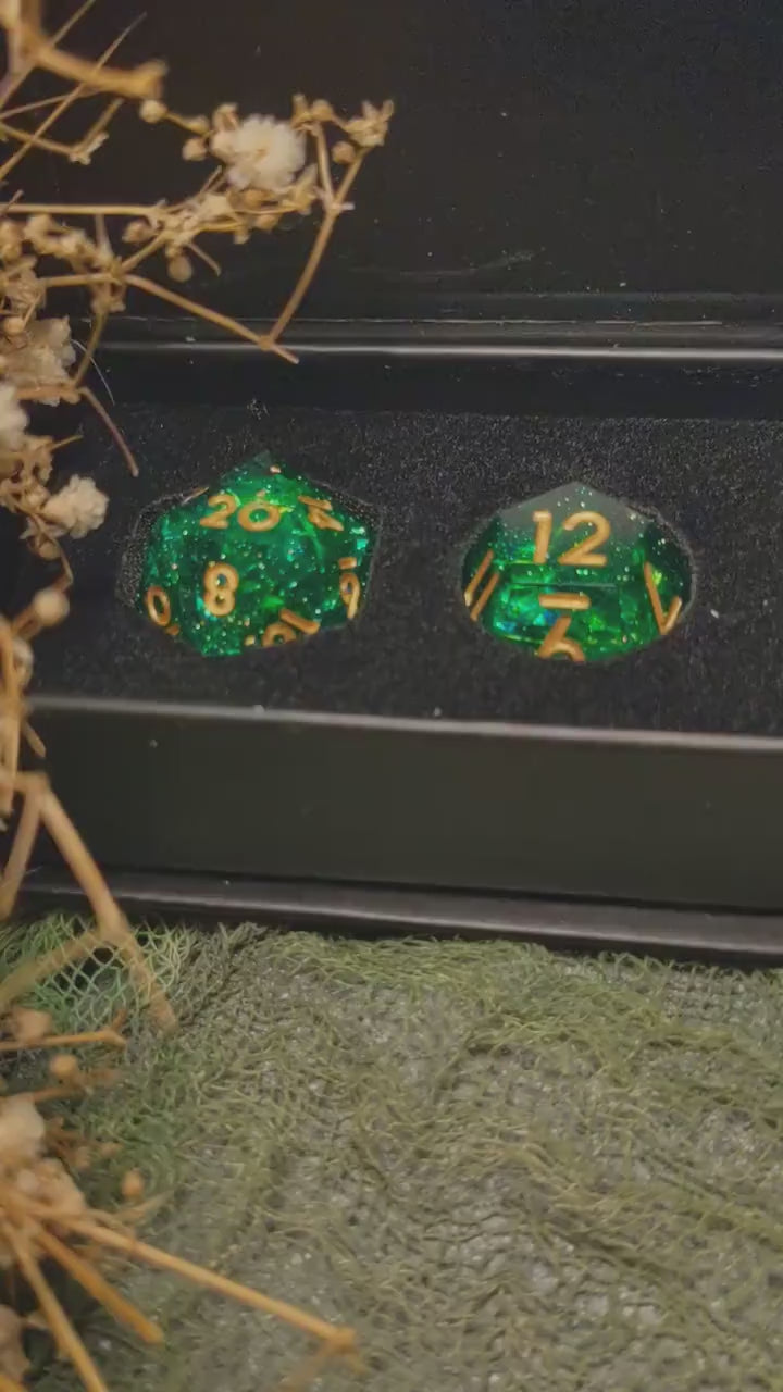 Translucent Galaxy Green Sharp Edge DND Dice Set